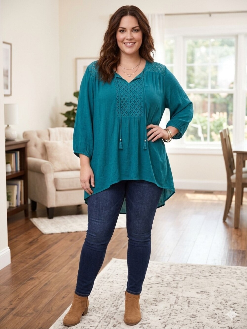 Boho Crochet Yoke Teal Women's Top